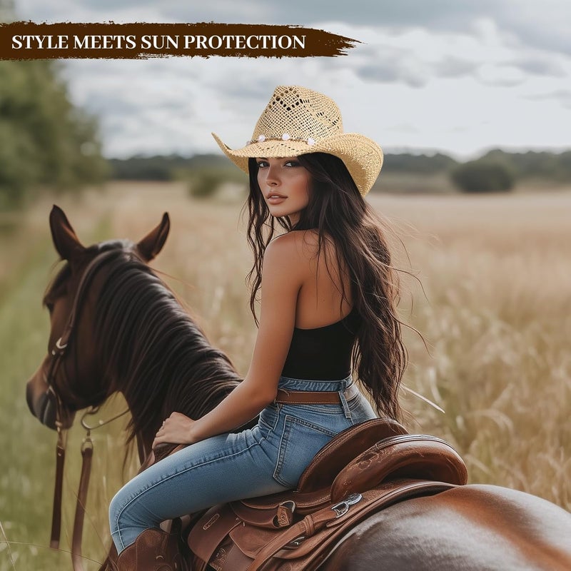 Willheoy Straw Cowboy Hat for Men Womens Straw Cowgirl Hat Summer Western Cowboy Hats with Wide Brim for Cowgirls and Cowboys - Image 3